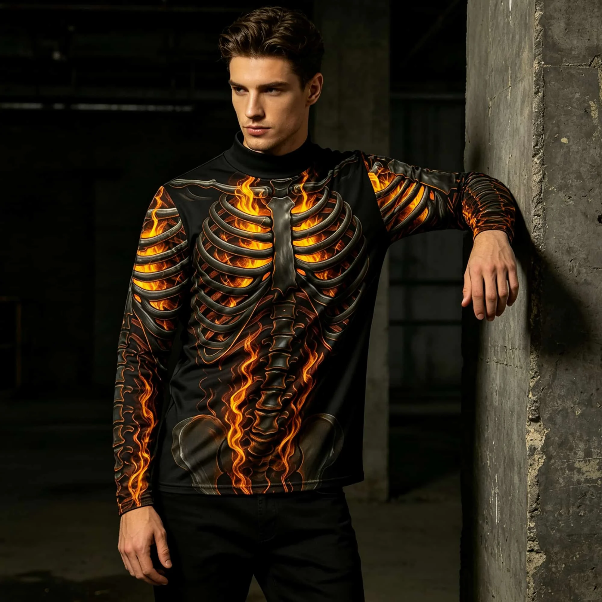 Punk Gothic Burning Skeleton Bone Print Mens Mock Neck Tee Long Sleeve Horror Halloween Daily Streetwear Tops