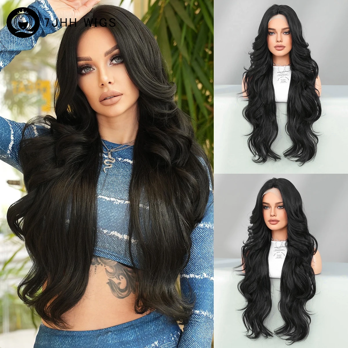 

7JHHWIGS Synthetic Lace Frontal Bode Wavy Black Wig for Women Daily Use High Density Loose Middle Part Lace Wigs Natural Looking