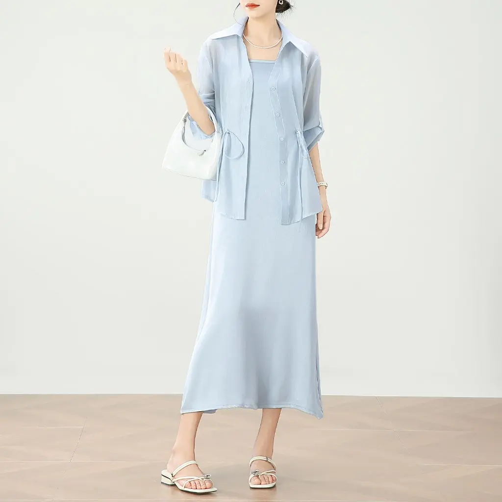 여성용 아이스 실크 펄 광택 새틴 블라우스와 스커트 투피스 세트 여름 슬림핏 룩 멜빵 원피스