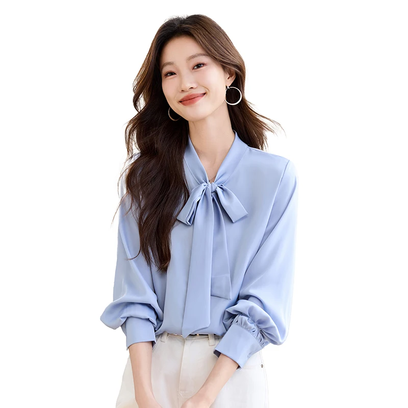 

New Arrival Satin Shirts Womens Blouse Vintage Work Casual Tops White Blouse Bow Elegant Loose Women Business Shirts