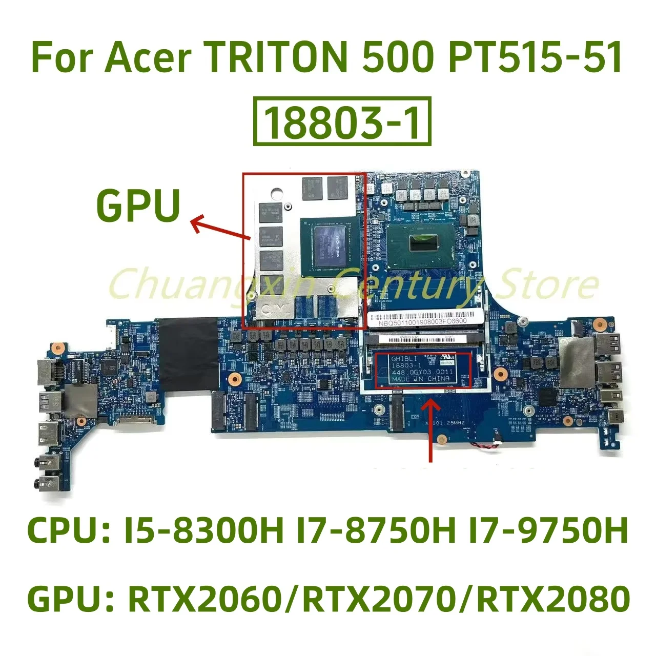 

Материнская плата 18803-1 подходит для ноутбука Acer PT515-51 с процессором I5 I7-8TH/9TH RTX2060/RTX2070/RTX2080, графический процессор, 100% тест в порядке.