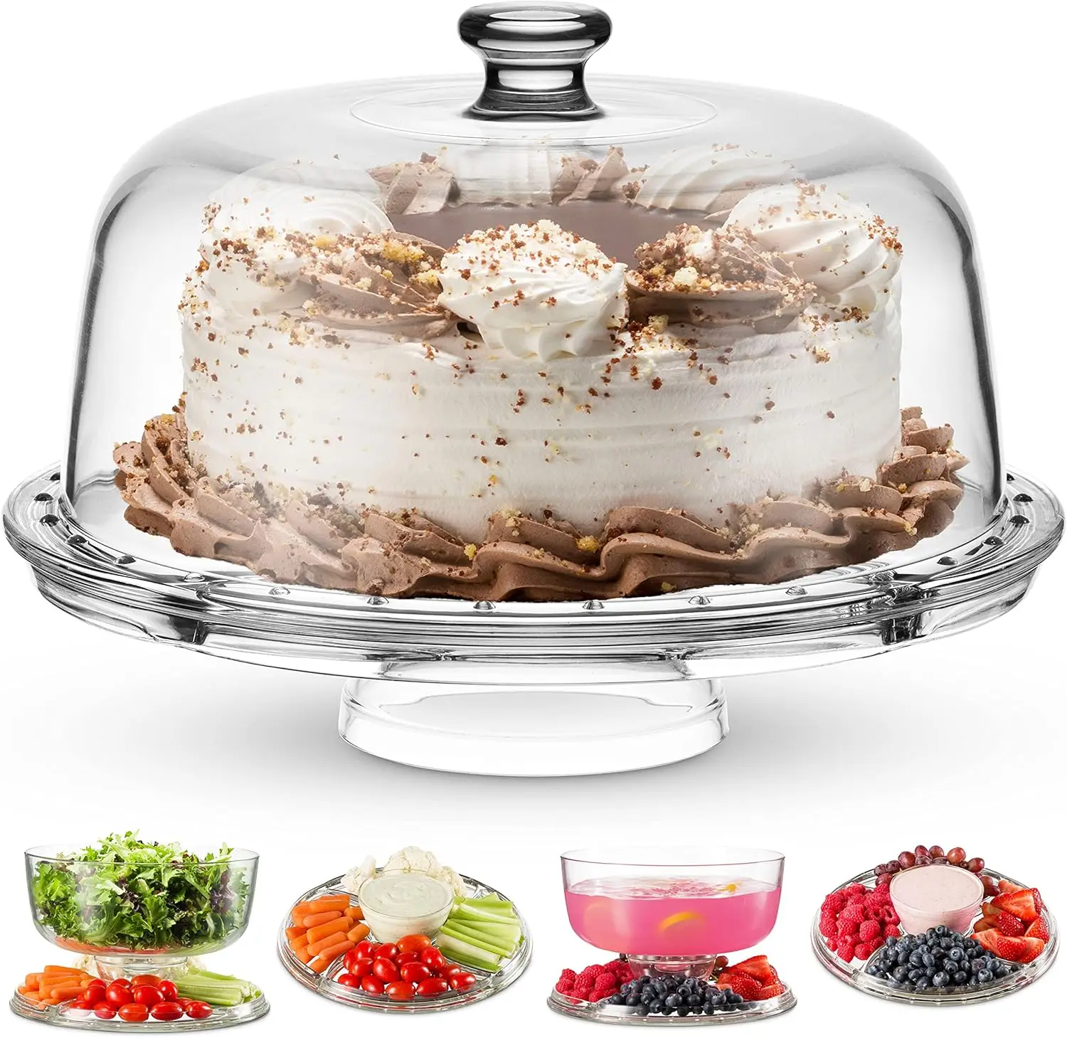 

6-in-1 Crystal Glass Cake Stand with Dome Lid, Multi-Purpose Serving Platter for Parties and Gifts