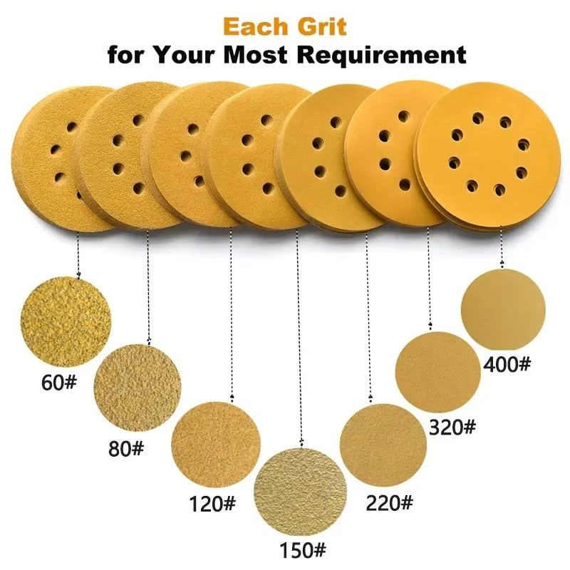 Sanding Disc 6inch 80 Grit Dry Golden Sanding Discs with 15 Holes Hook Loop Round Sandpaper Disc for Automotive