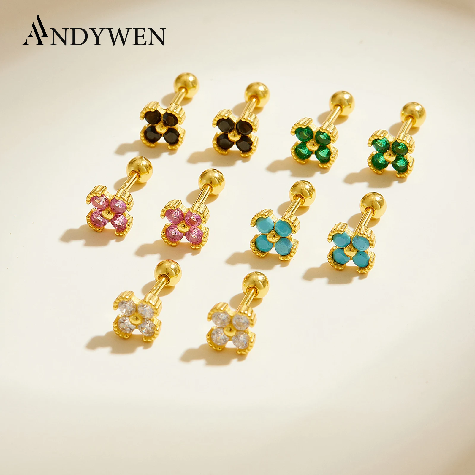 

ANDYWEN стерлингового серебра 925 пробы, разноцветные четыре листа, циркон, крошечные серьги-гвоздики для пирсинга, новинка 2025 года, женские вечерние повседневные украшения