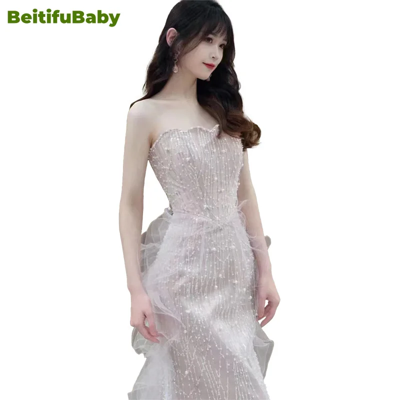 BeitifuBaby Fishtail Wedding Party Dresses for Women Elegant Retro Heavy Industry Strapless Sequins Skirts Banquet Evening Dress