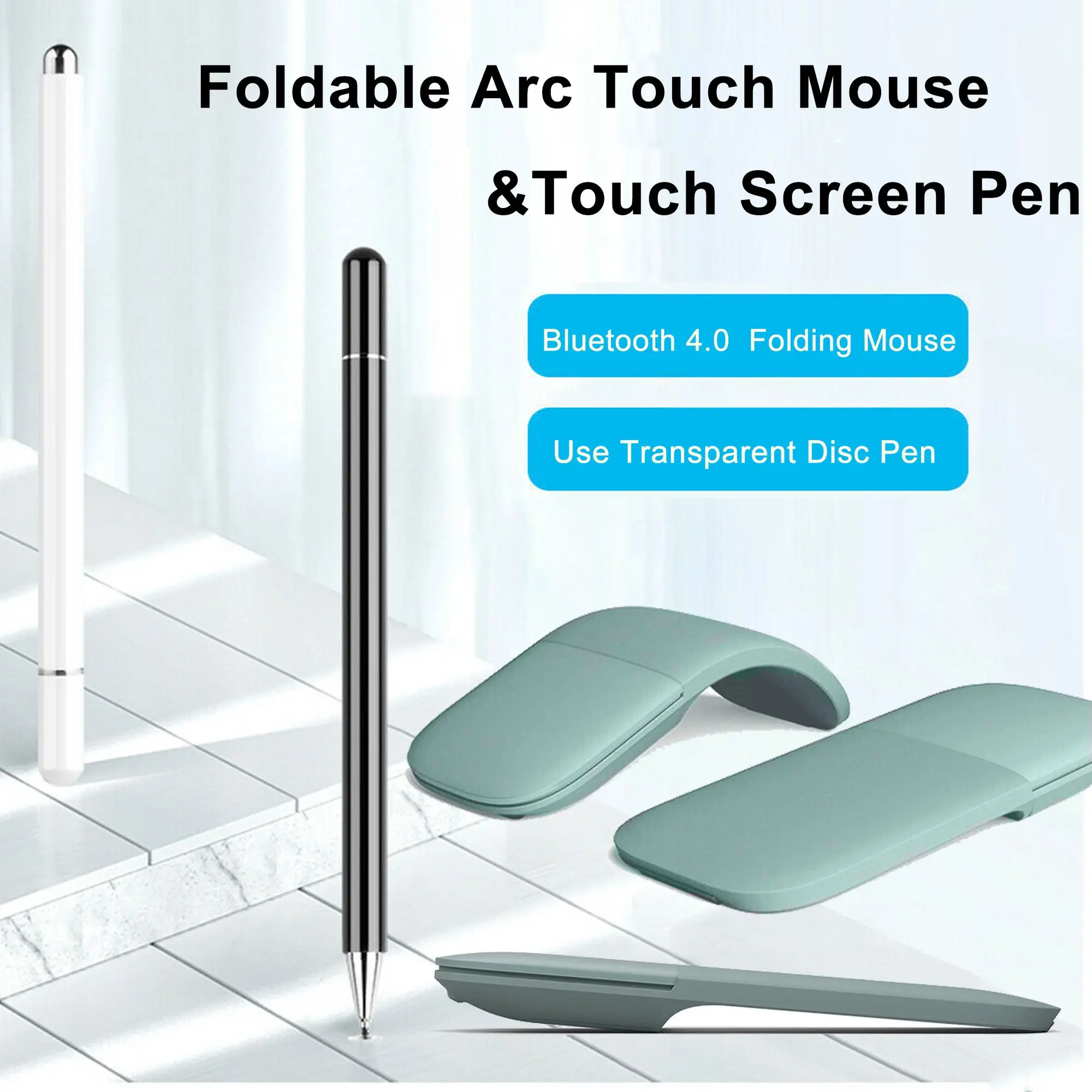 Bluetooth 4.0 Wireless Mouse 1600 DPI Folding Arc Touch Mouse Slim Foldable Silent Mice with Touch Screen Pen For Macbook Laptop