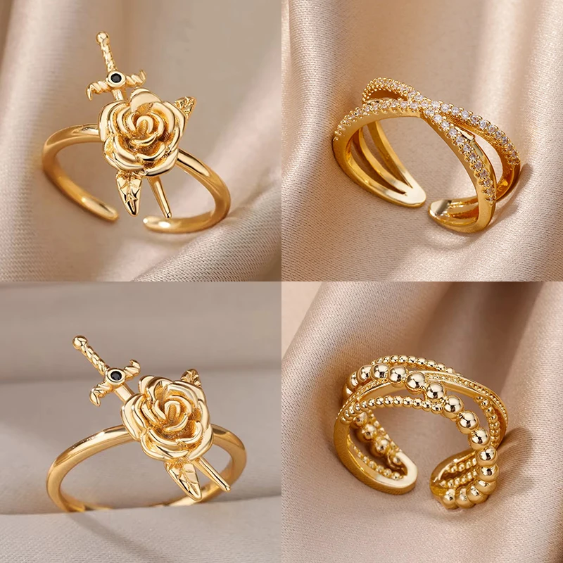 Vintage Rose Flower Sword Pendants Rings For Women Stainless Steel Romantic Flower Finger Couple Ring Wedding  Jewelry Gift 2025