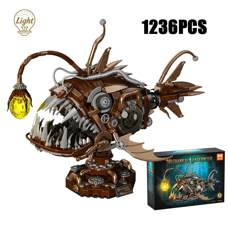 

1038 или 1236 деталей: Креативный механический фонарь-модель Пиранья, конструктор с LED-подсветкой, игрушка-подарок