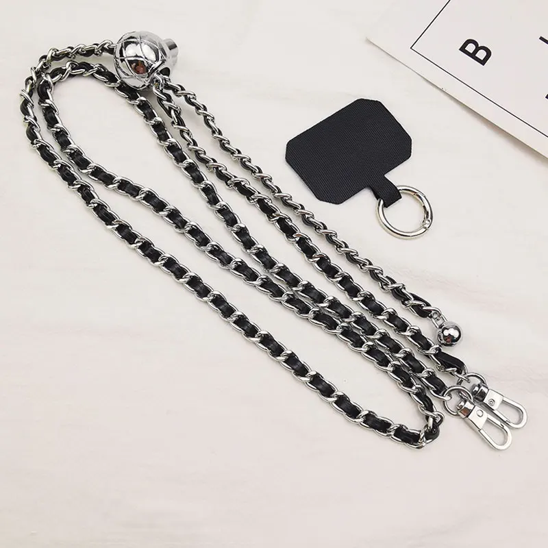 Metal Leather Long Phone Lanyard Adjustable Crossbody Shoulder Strap Chain For All Phone Case Anti-lost Necklace Cord with Clip