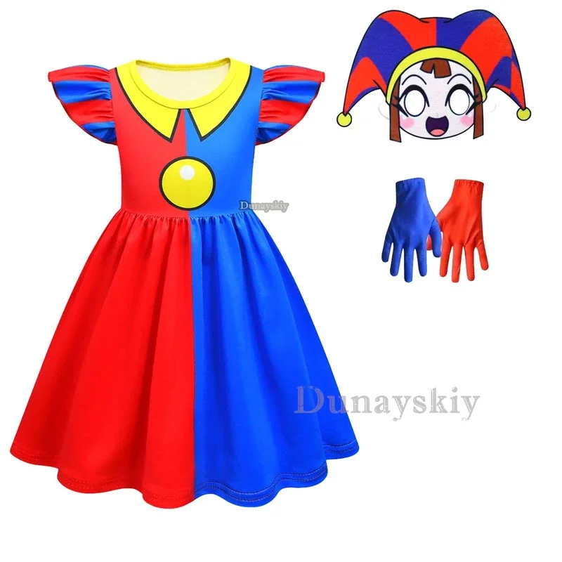 Digitale Kinder Cosplay Einhorn Kostüm Mädchen Pomni Prinzessin Kleid Maske Handschuhe Kinder Halloween Cartoon Sommerkleid