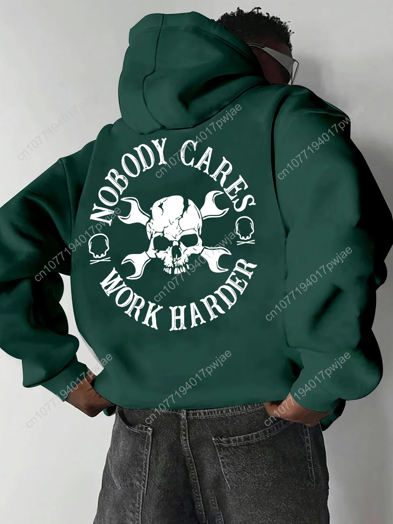 เสื้อฮู้ดผู้ชาย - เสื้อสเวตเชิ้ตสีเบจพิมพ์ลายกราฟิกตัวอักษรใหญ่คำว่า "NOBODY CARES", เสื้อฮู้ดทรงหลวมสำหรับออกกำลังกาย, สตรีทแวร์ และใส่ในชีวิตประจำวัน