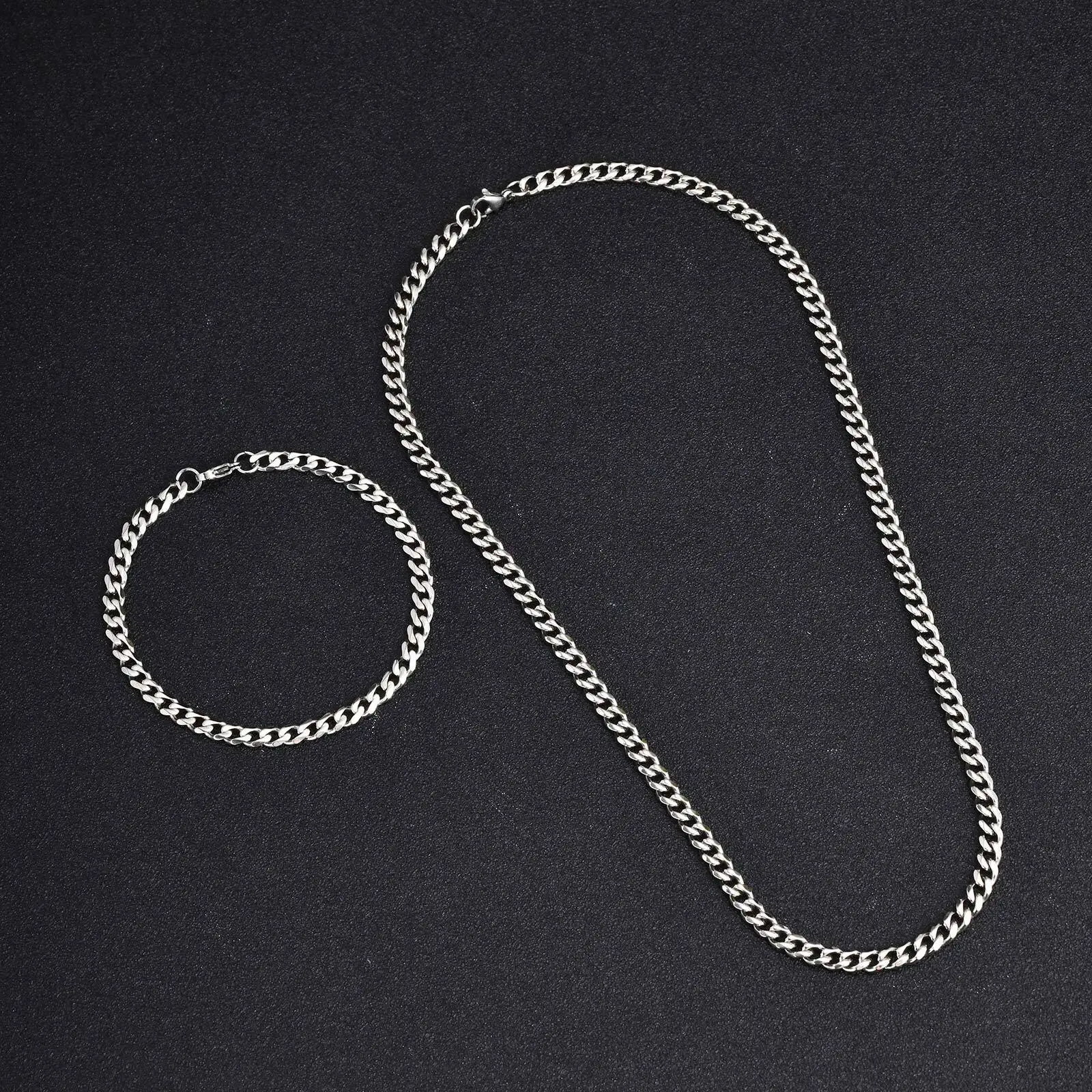 Vnox Stainless Steel 5mm Wide Chain for Men Women Bracelet Necklace Jewelry Set, Silver Color Jewelry Gift Christmas Anniversary