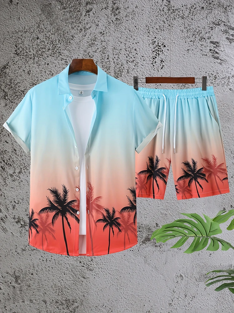 Coconut Tree Print Men's Short Sleeve Shirt And Beach Shorts Set Summer Everyday Men's Casual Shirt Hawaiian Style Men's Shorts