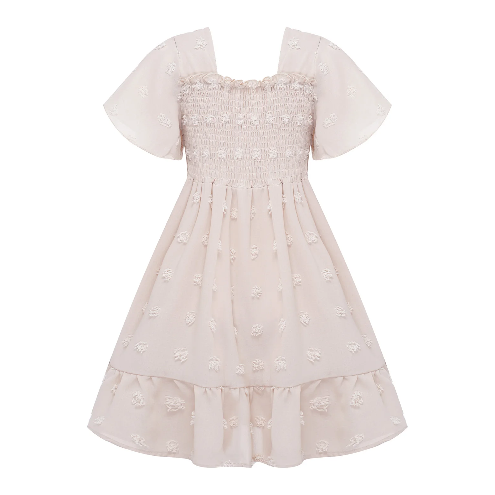 Kids Dress for Girls Square Neck A-line Short Sleeve Sundress Jacquard with Ruffled Trim Giel Elastic Bodice Casual Dress
