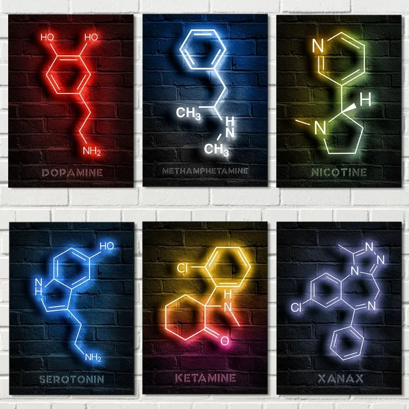 ملصق كيميائي نيون ملون جزيئي ، ملصق قديم ، فيتامين كافيين ، لوحة قماشية أدرينالين ، رسم جداري مطبوع ، غرفة صور ، ديكور منزلي