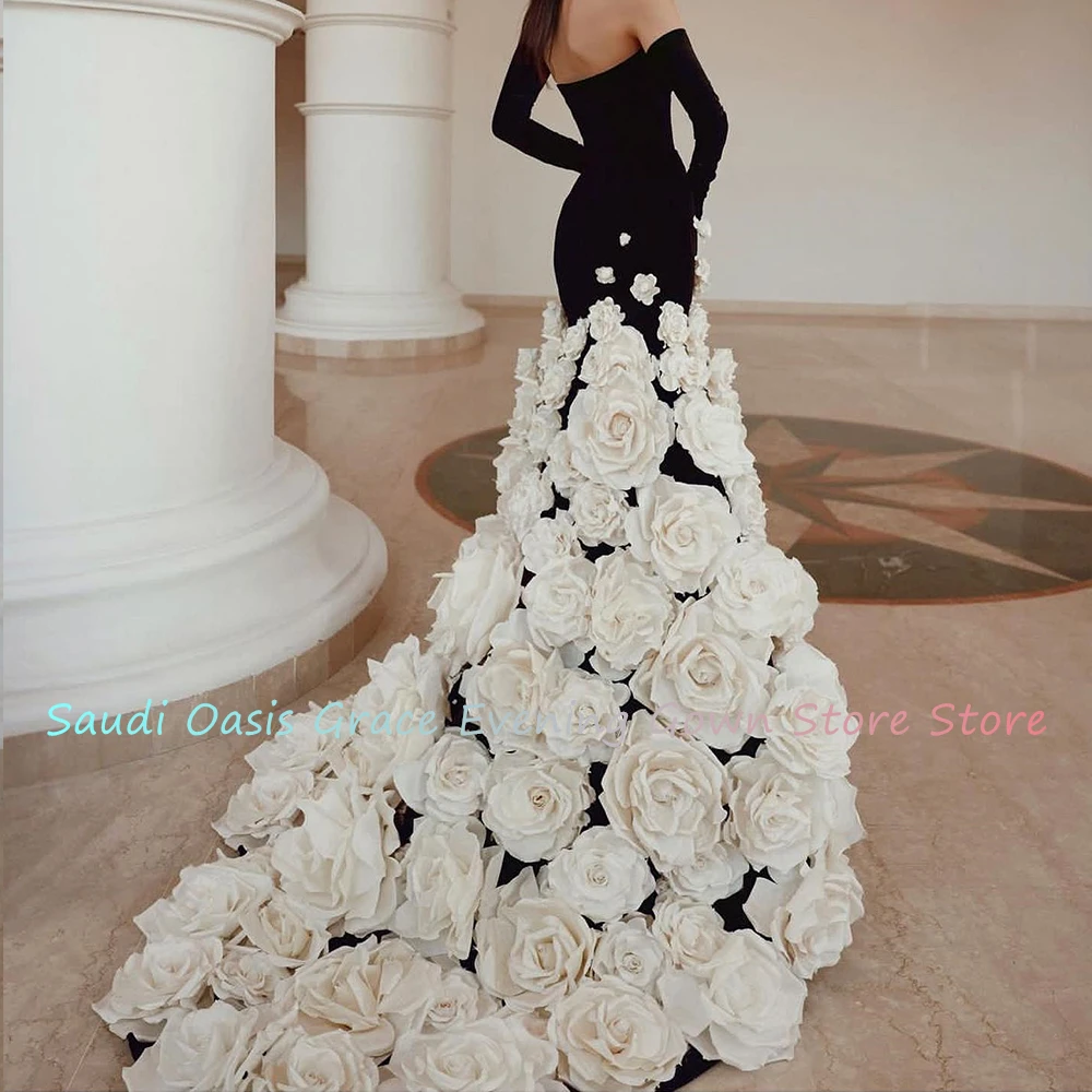 Luxury 3D Flowers Mermaid Jersey Detachable Sleeve Evening Dress Fashion Floor Length Strapless Sleeveless vestidos de noche