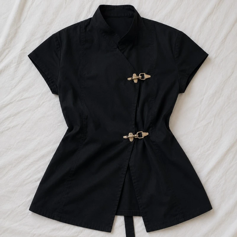 Women's Slim Fit Black Wrap Shirt Short Sleeve Chinese Stand Collar Casual Blouse with Metal Buckle Waist Tie Fashionable