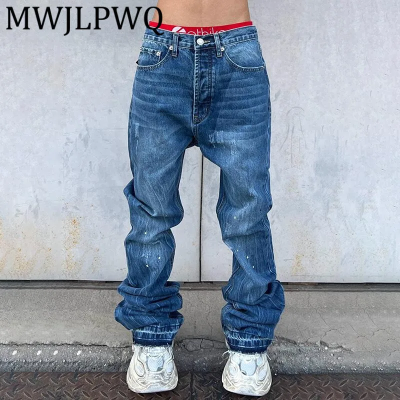 

MWJLPWQ винтажные расклешенные джинсы с чернилами, мужские уличные потертые утягивающие брюки унисекс, модные длинные брюки в американском стиле 12448