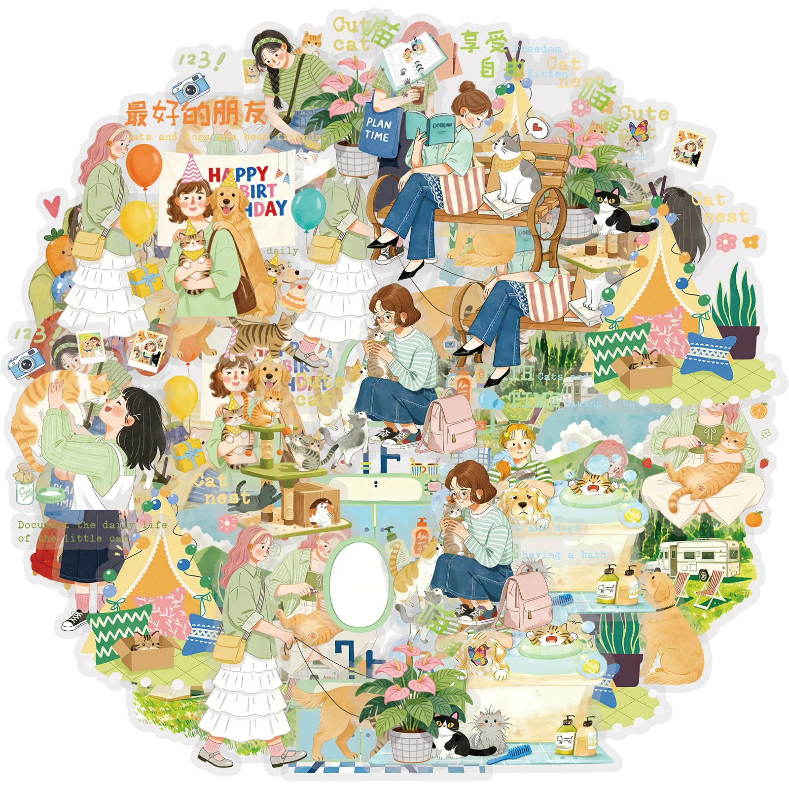 Etori Life 15Pcs Outdoor Pet Walking Sofa Cat Character Stickers Album Journal Stationery Decoration Accessories Suitable for Laptop, Phone Back, Handbag, Photo Album, Diary, Pencil Case, Pen Holder, Budget Planner, Notepad, Scrapbooking Supplies, Office Decoration Accessories, Student Gift Paper Bags, School Supplies, Back-To-School Season, Cycling Decals