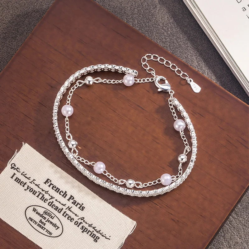 Double Layer Lace Pearl Bracelet For Women Elegant Stackable Chain Bangle Adjustable Fashion Jewelry Christmas New Year Gift