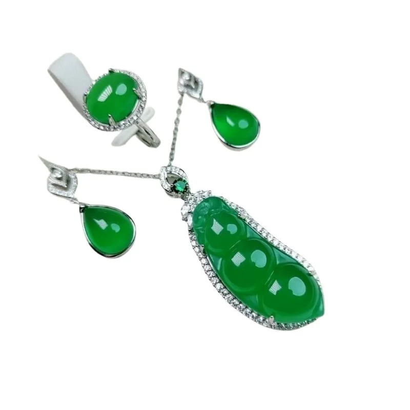 Natural silver inlaid chalcedony green beans set agate jade ring earrings pendant pendant three-piece set