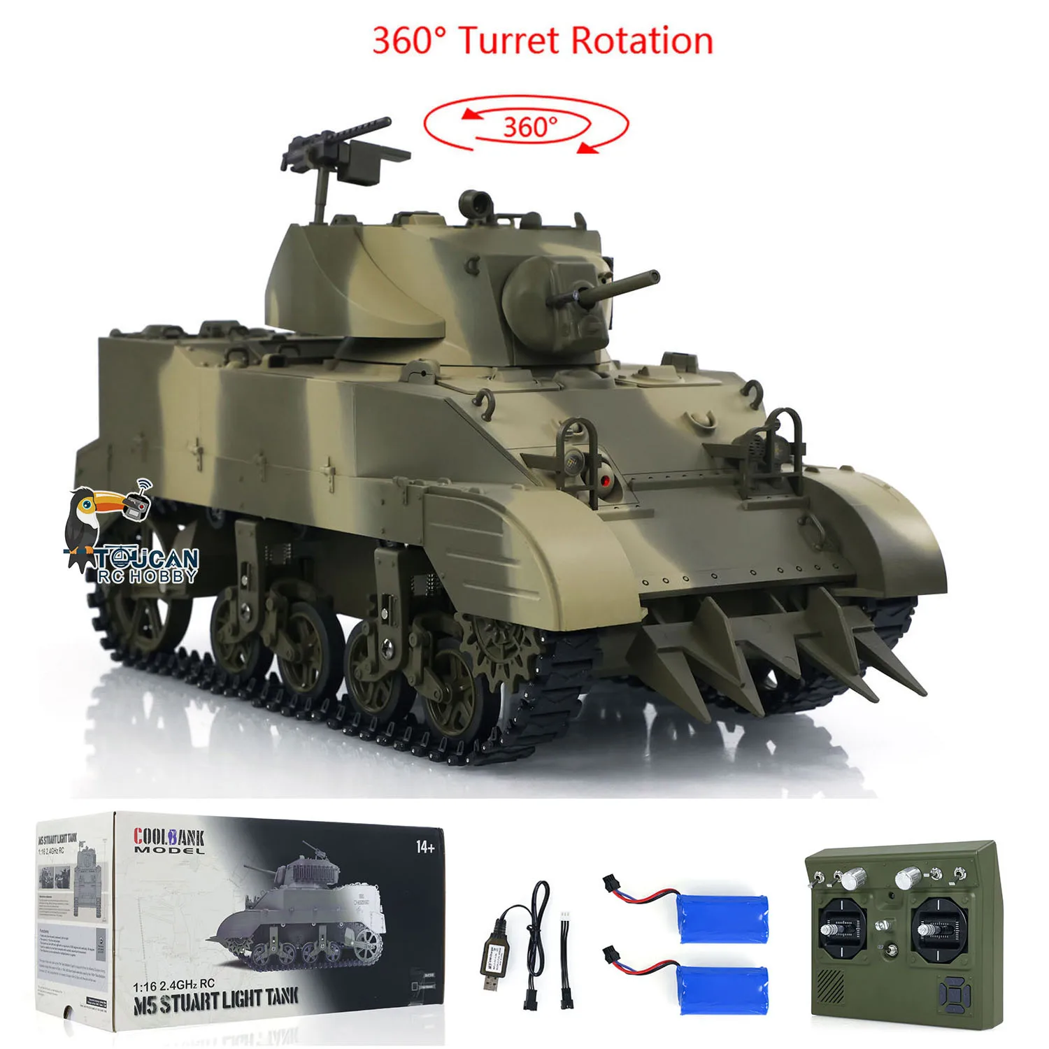 RTR 1/16 Tanque RC US M5A1 Stuart VI 360 °   Modelo de tanques de controle remoto com duas baterias rádio mini veículo modelo de carro brinquedos presentes