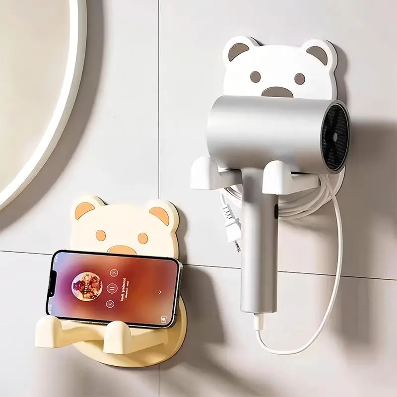 New Little Bear Hair Dryer Holder Easy Install Wall-Mounted No-Drill Bathroom Organizer For Electric Blow Dryers