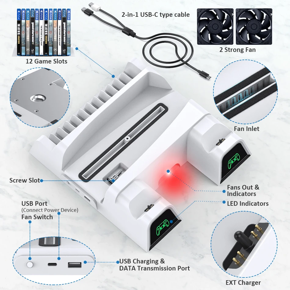 Para ps5 duplo controlador carregador console suporte de refrigeração vertical estação de carregamento rápido ventilador led para playstation 5 disco/digital