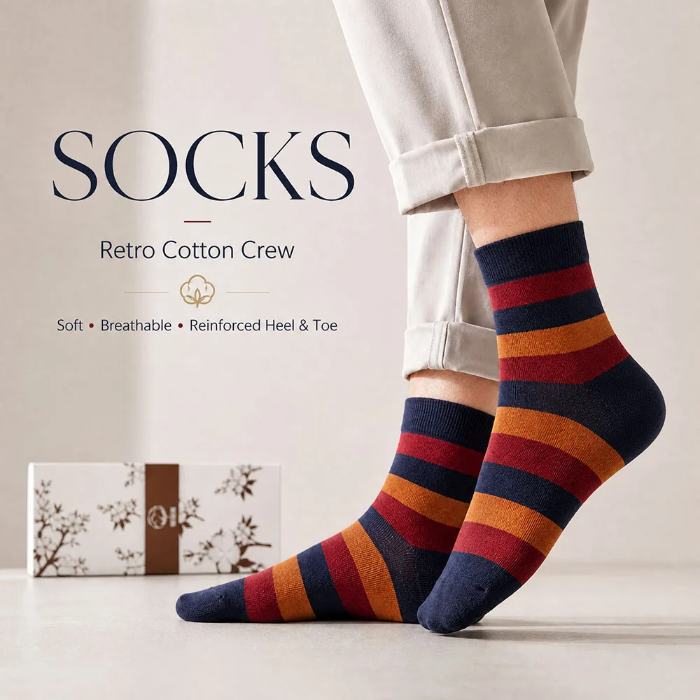 6 Pairs Unisex Vintage Stripe Crew Socks Soft Cotton Blend Breathable Comfortable Cushioned Non Slip Casual Wear Gift Box