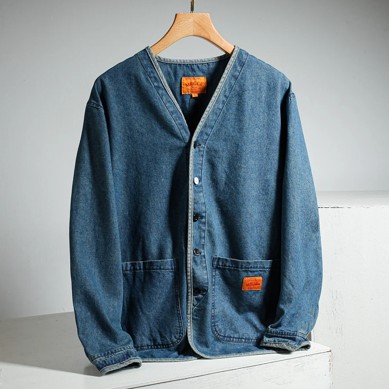 

Retro Waed V-Ne Casual Denim Jaet Men's Loose Fit Autumn Outerwear Faion Urban Sle Other Leisure Scenarios
