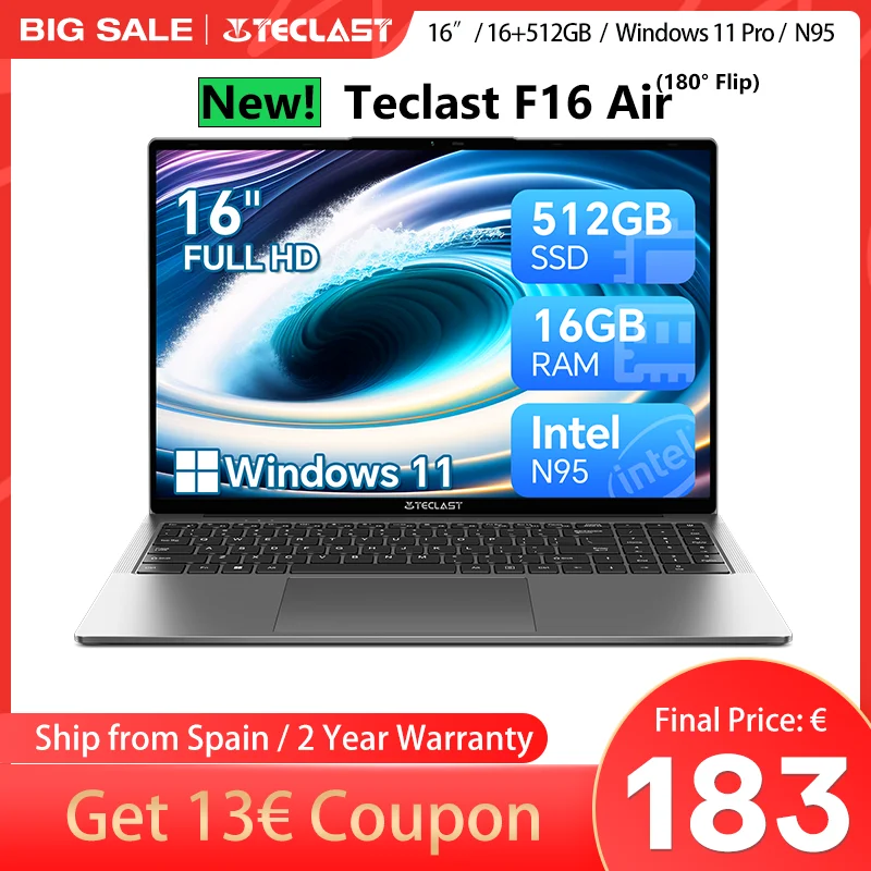TECLAST F16 Air 16-calowy laptop, klapka 180 stopni, 16 GB + 512 GB, procesor Intel N95, Windows 11, mini HDMI, podświetlana klawiatura