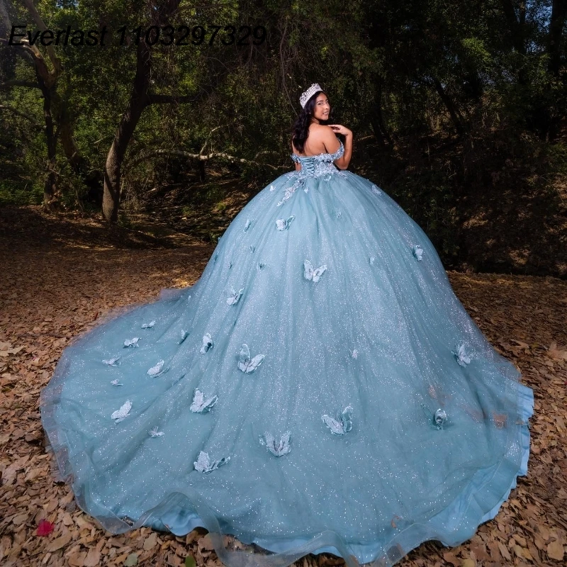 EVLAST-Robe de RhQuinceanera bleue brillante mexicaine, appliques papillon 3D, corset de perles, Sweet 16, robe de Rhéducative, TQD894