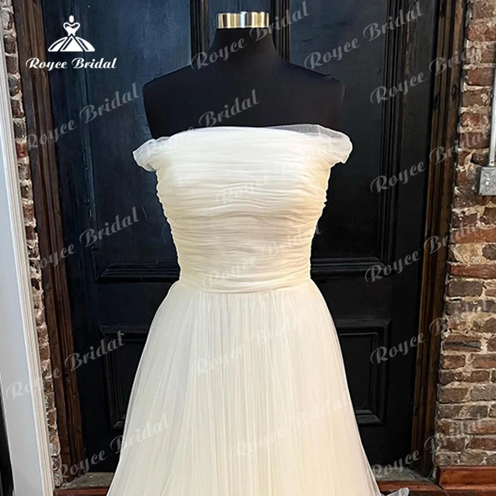 Robe De mariée trapèze Simple pour femmes, Sexy, col bateau, plissée, épaules dénudées, boutons, dos nu, filet, balayage