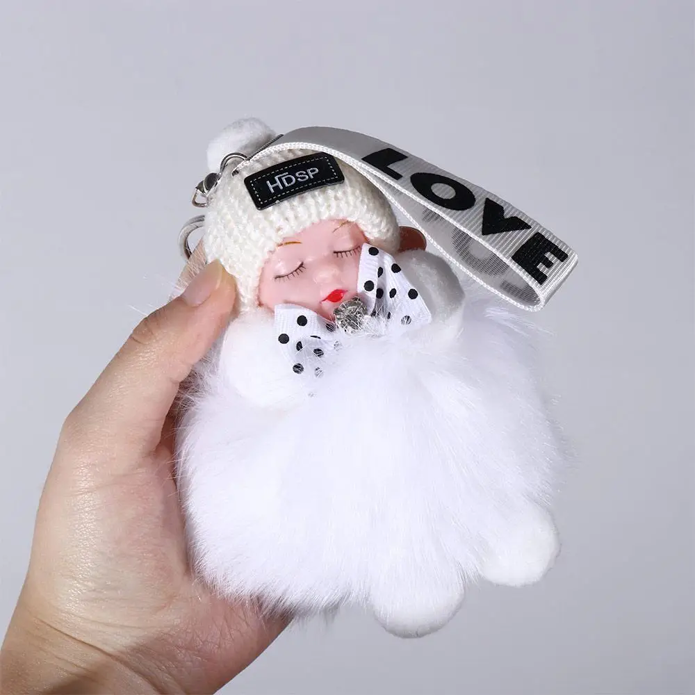 Decoration Cute Bag Pendant For Girls Backpack Cars Key Ring Plush Keychain Sleeping Baby Doll Pompom Keyring Fluffy Plush Doll