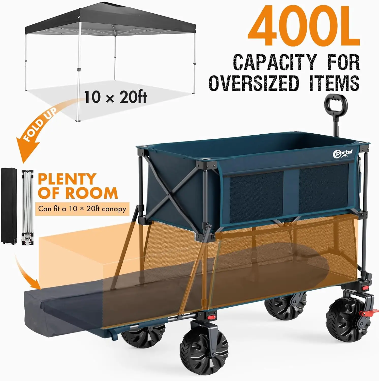 400L Double Decker Wagon with Brakes, Heavy Duty Collapsible Cart | 660lb Foldable Utility Wagon Cart, 660lb All-Terrain Big