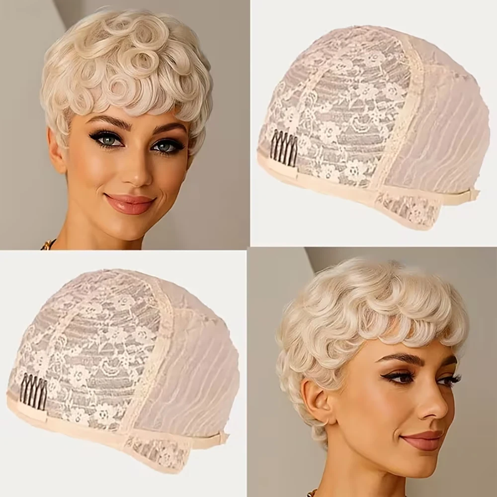 Loira pixie corte peruca curto ovo encaracolado perucas 100% perucas de cabelo humano com franja pré arrancada para mulheres cabelo bazilian máquina feita boné