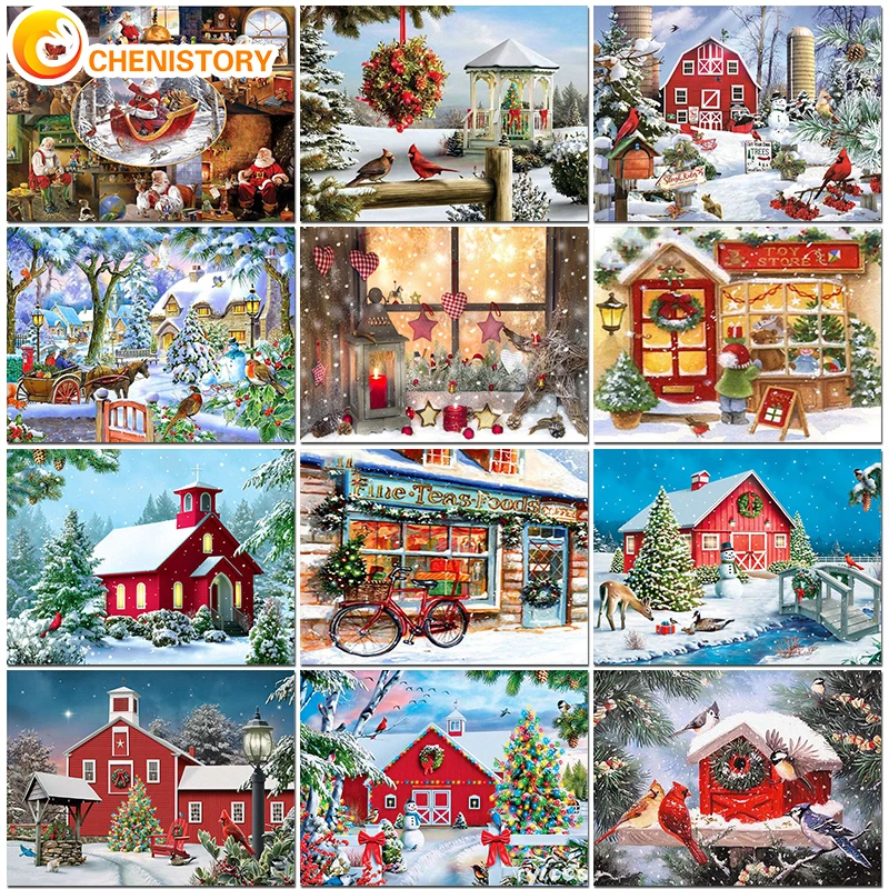 

CHENISTORY Painting By Numbers Christmas Houses Drawing On Canvas Handpainted Gift Picture By Number Kits Winter Landscape Decor