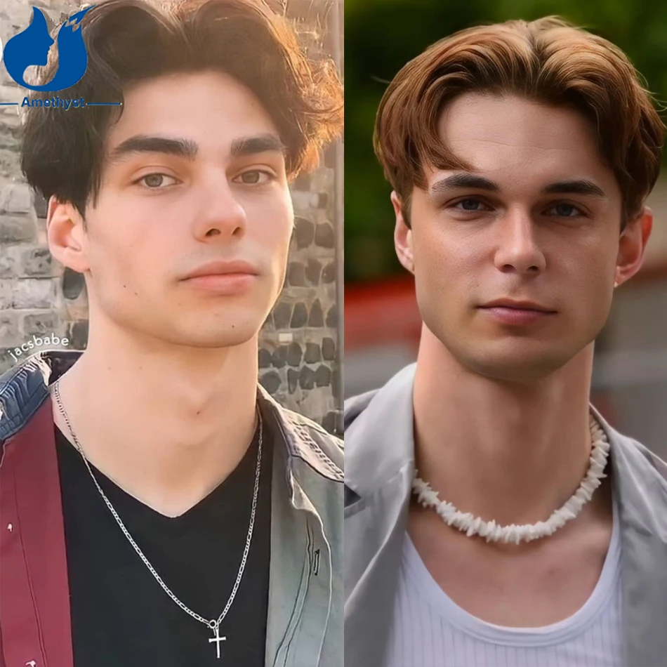 

Amethyst Natural Straight Full Lace Human Hair Wig for Men Pixie Cut Shaved Sideburns Preplucked Middle Part Brown Colored