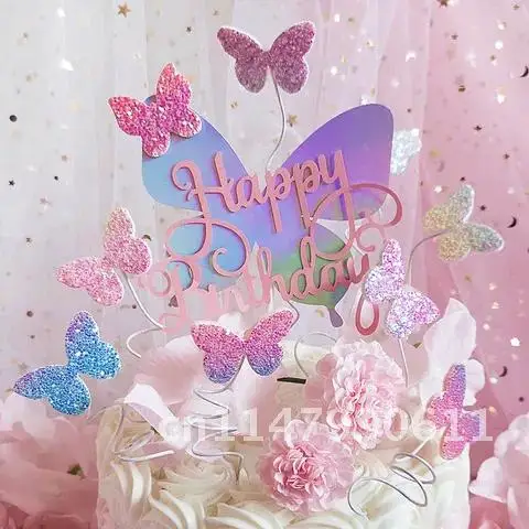 Princess Butterfly Pink Creative Painted Happy Birthday Cake Topper Set Baby Shower Kids Favors Party Supplies Candy Bar