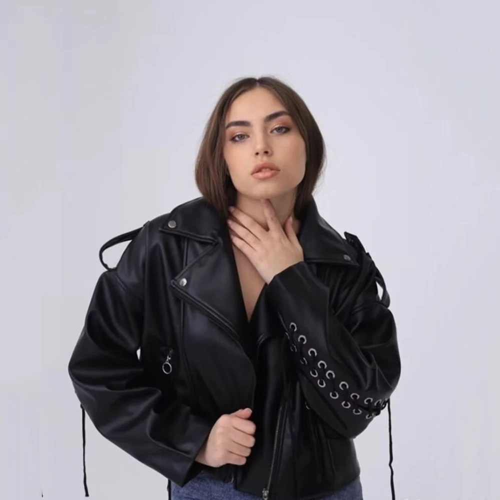 Washed Fashion Women's Leather Jacket Weave Lace-up Short Locomotive Coat Female Vintage Slim Zipper Lapel PU Outerwear Ladies