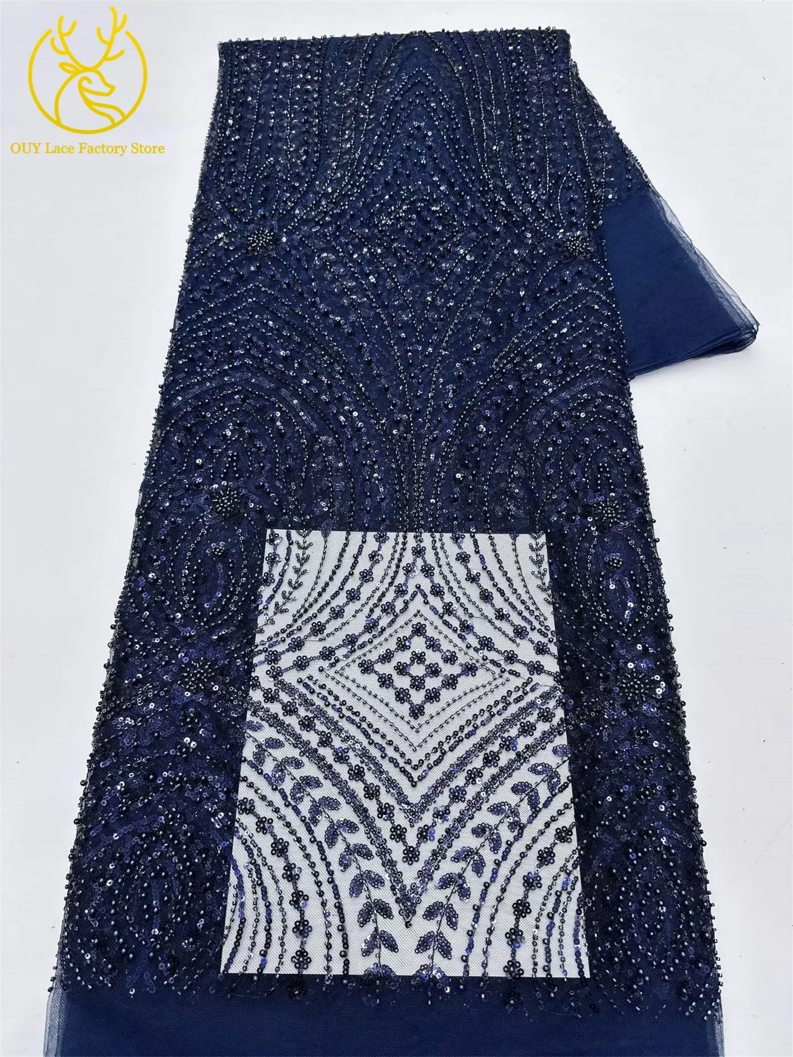 5 Yards afrikanischer Perlen-Pailletten-Spitzenstoff 2026 Hochwertiger nigerianischer französischer Tüll-Mesh-Spitzenstoff für Hochzeitskleider zum Nähen – Detail 8