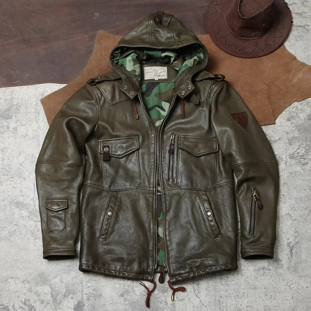 

Luxury tanned goat leather Hoody.Heavy Real goatskin jacket.Vintage army green hunting coat.Classic outdoor
