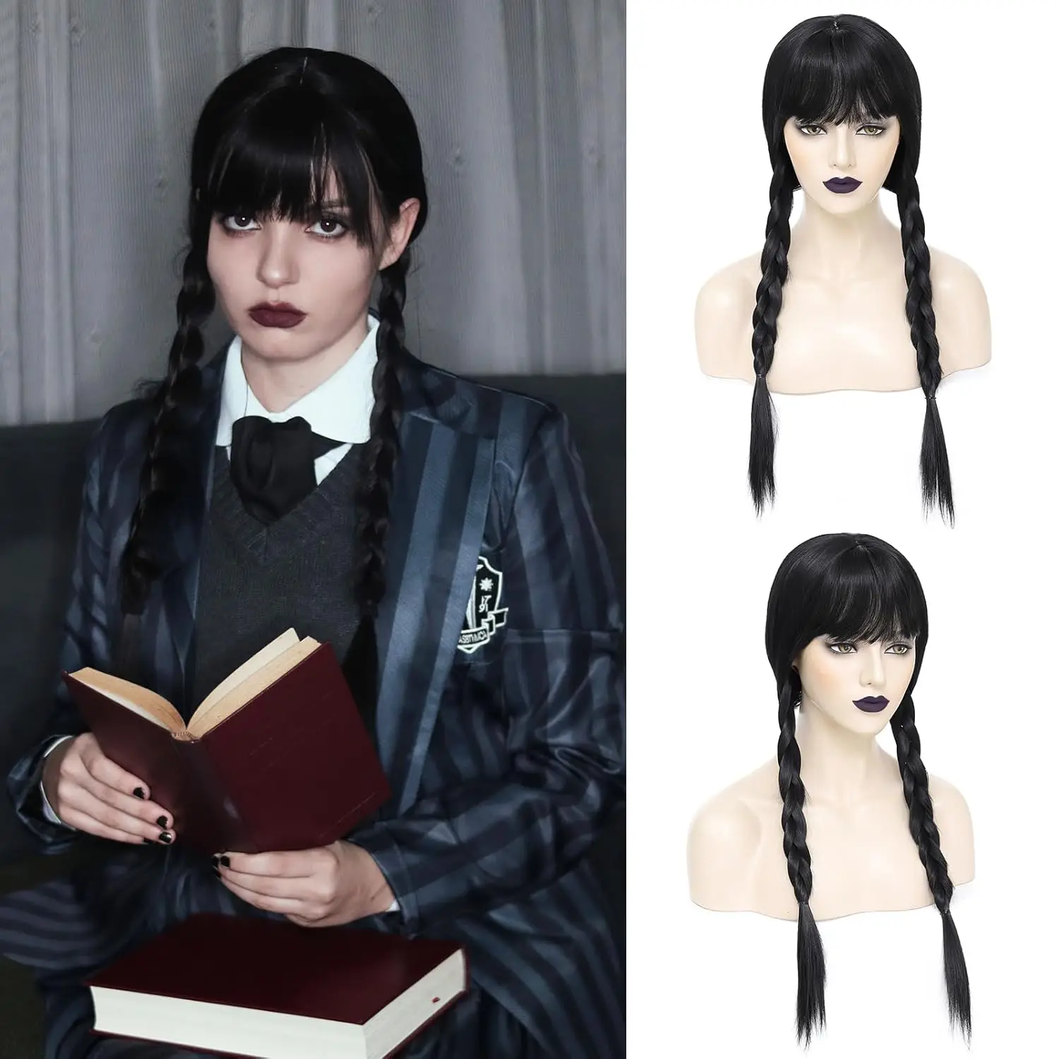 Synthetic Straight Long Black Braided Wig With Bangs Wigs For Women Daily Party Halloween Costume Party Heat Resistant Fiber