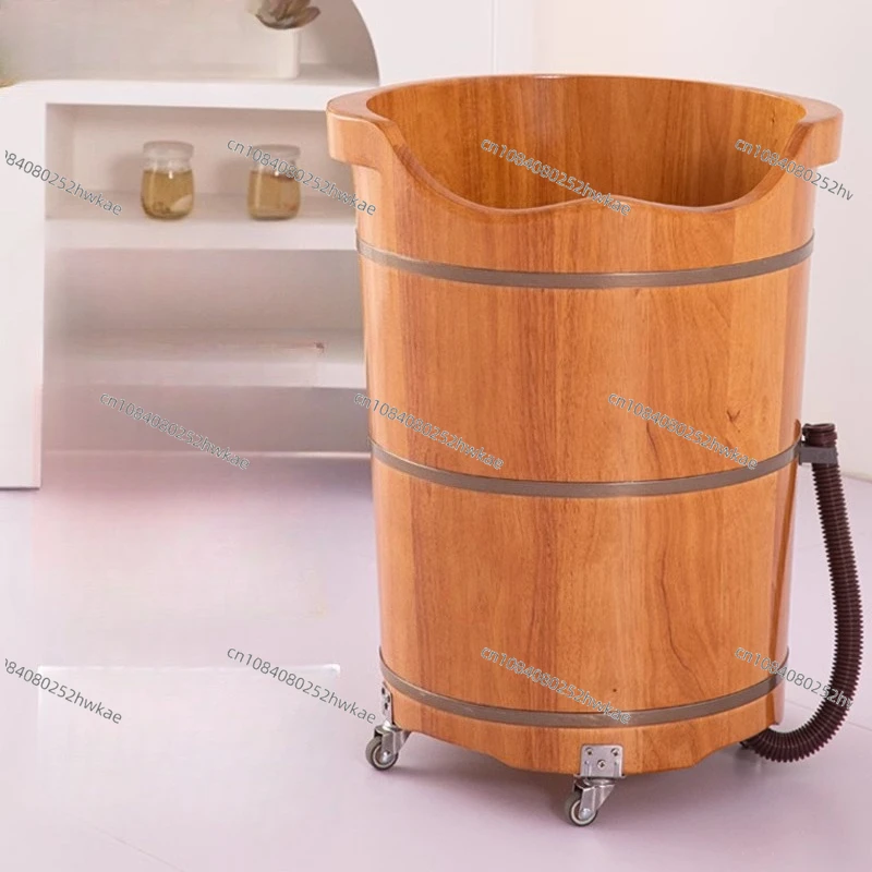 Oak Wood Foot Spa Tub With Wheels & Drain Plug Solid Wood Soaking Bath Basin For Home Relaxation Portable Pedicure Bucket
