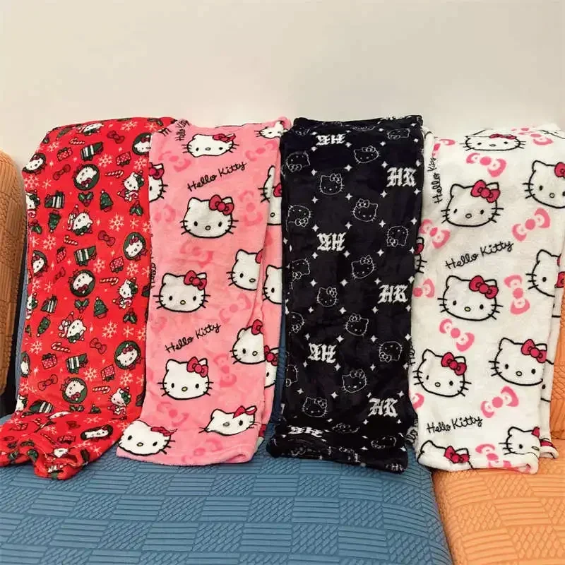 Halloween Hello Kitty Pajama Pants Sanrio Anime Fleece Double Elastic Fabric Soft Trousers Women Cartoon Birthday Gift