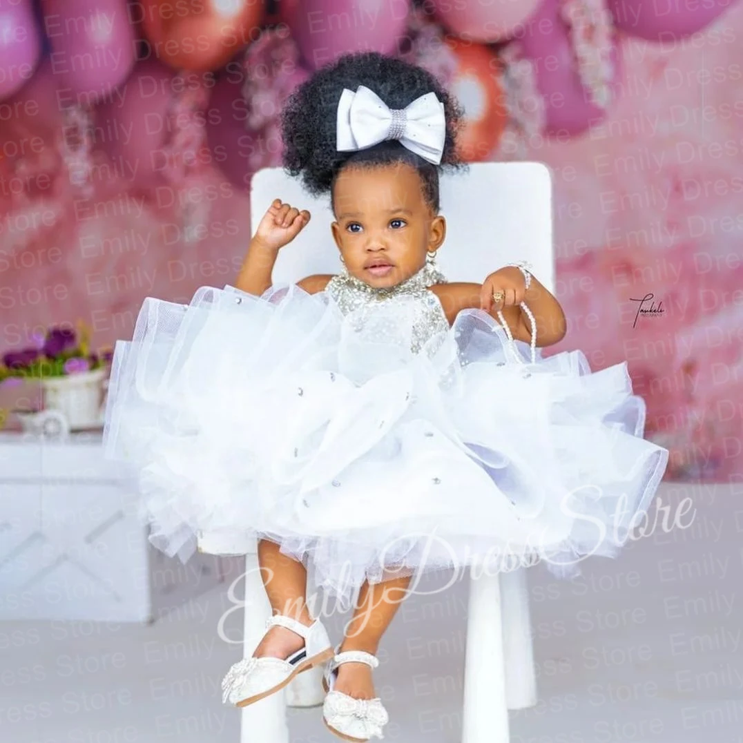 

Customized White Flower Girl Dresses For Wedding Ruffles Applique Knee Length Kids Birthday Party First Communion Ball Gown