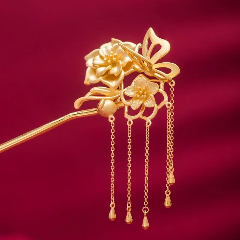 Ancient Gold Craft Tiara Classical Chinese Style Butterfly Flower Tassel Hair Jewelry Creative Bridal Wedding Accessories