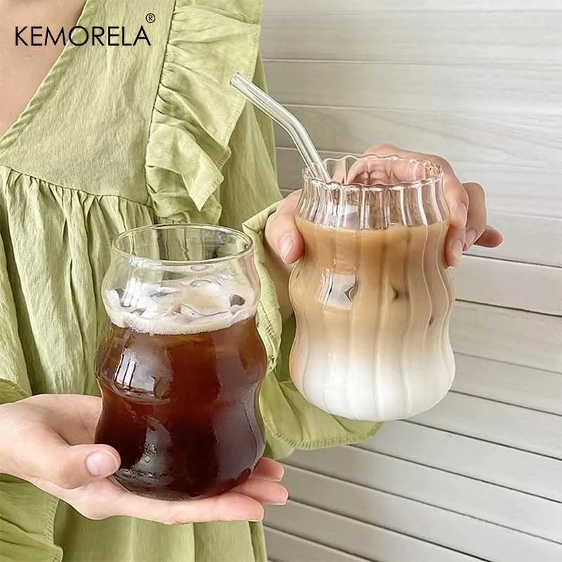 4/6/8PCS INS Glass Cup Heat-resistant Tumbler Drinkware Transparent Tea Juice Milk Coffee Mug Home Water Glasses Stripe Beer Mug