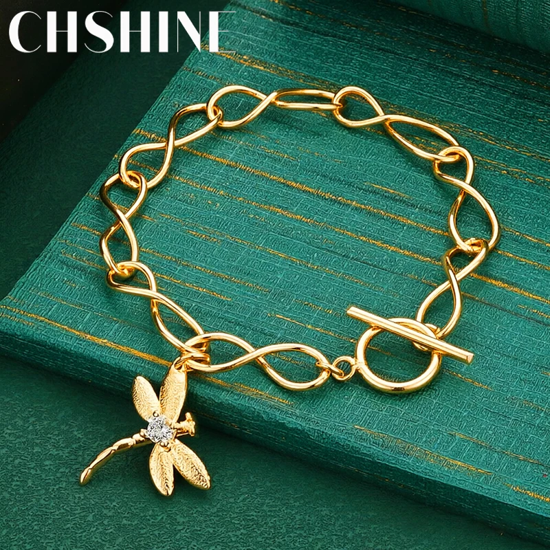 925 Sterling Silber 18K Gold Infinity Twist Kettenarmband mit Knebelverschluss und Libellenanhänger, Modeschmuck für Damen, Geschenk