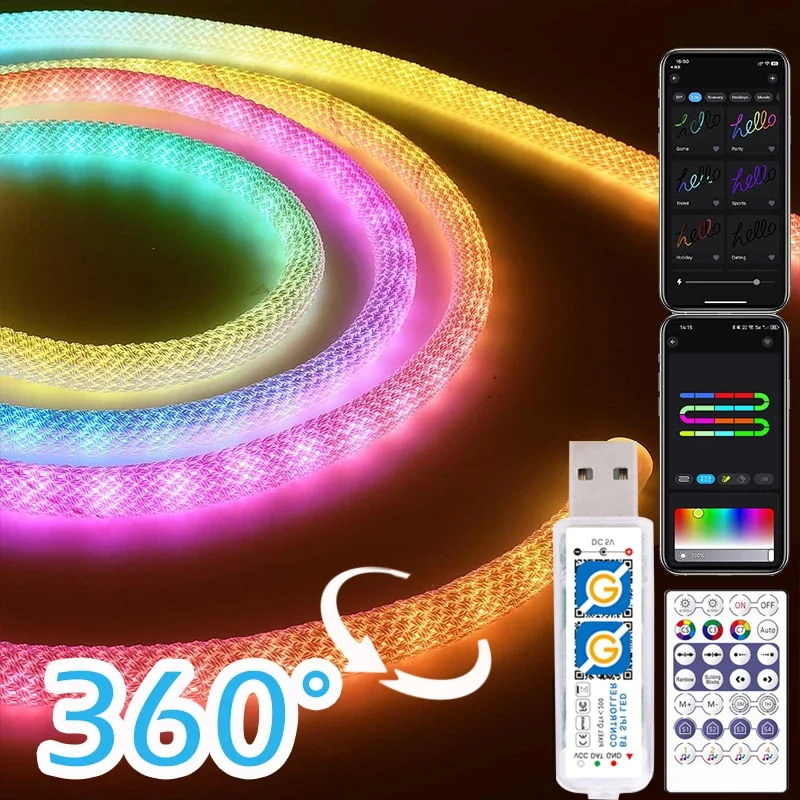 

USB WS2812B Round Reticulate Pattern Neon LED Strip 360 Degree Smart RGB Flexible Light Tape Nylon Flexible Dream Colorful Light